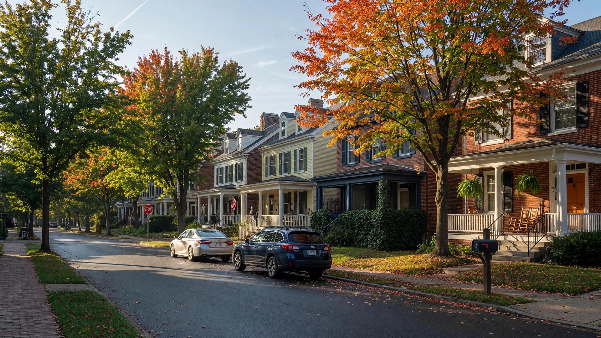 Leafy residential street in the DC Metro area on an early autumn morning with brick and frame colonial homes, golden light on porches,and maples beginning to turn color