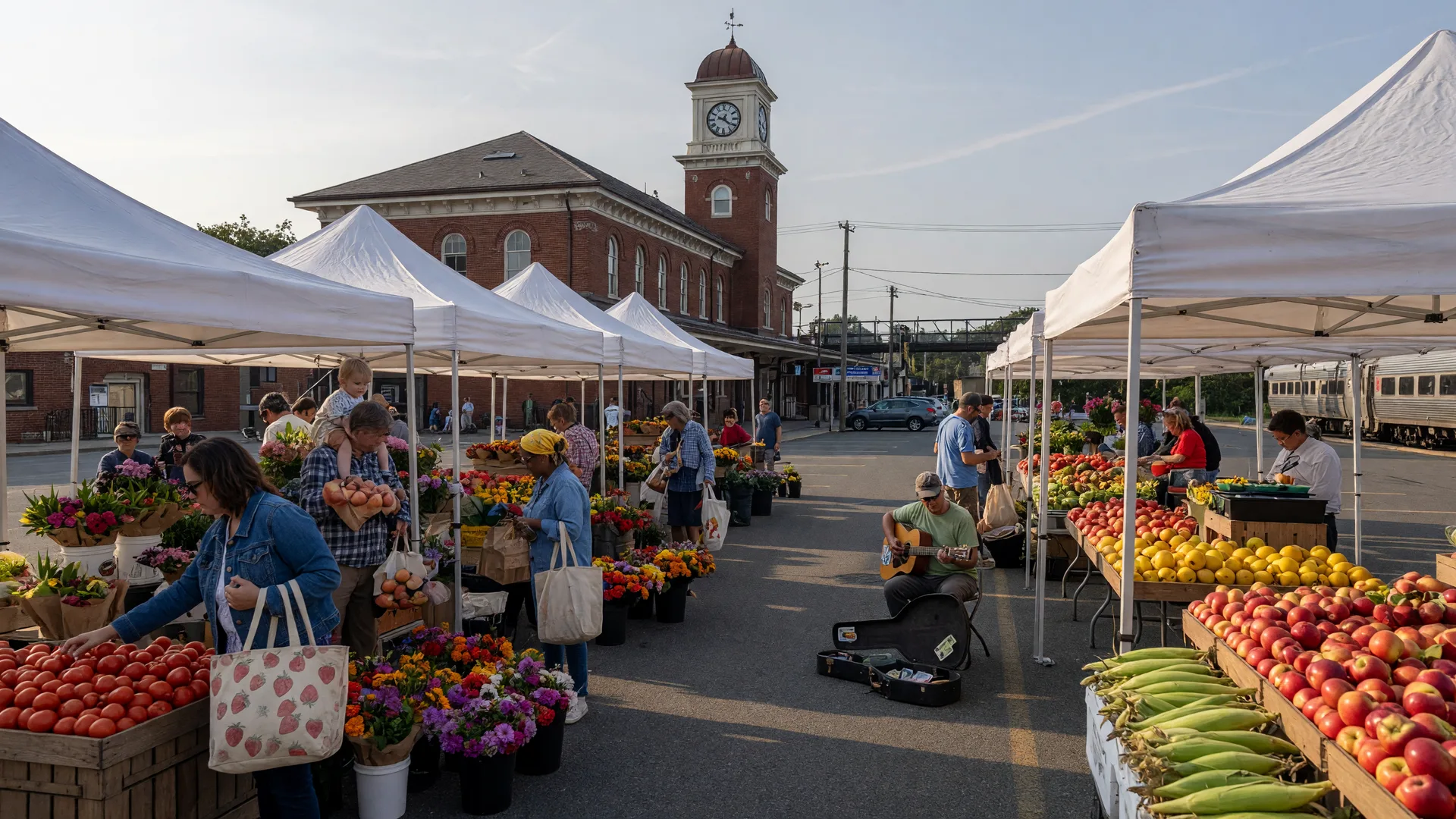 The Glenside Farmers Market on a bright Saturday morning with white vendor canopies, wooden crates of produce and cut flowers set up in the SEPTA station parking lot, and the historic train station in the background