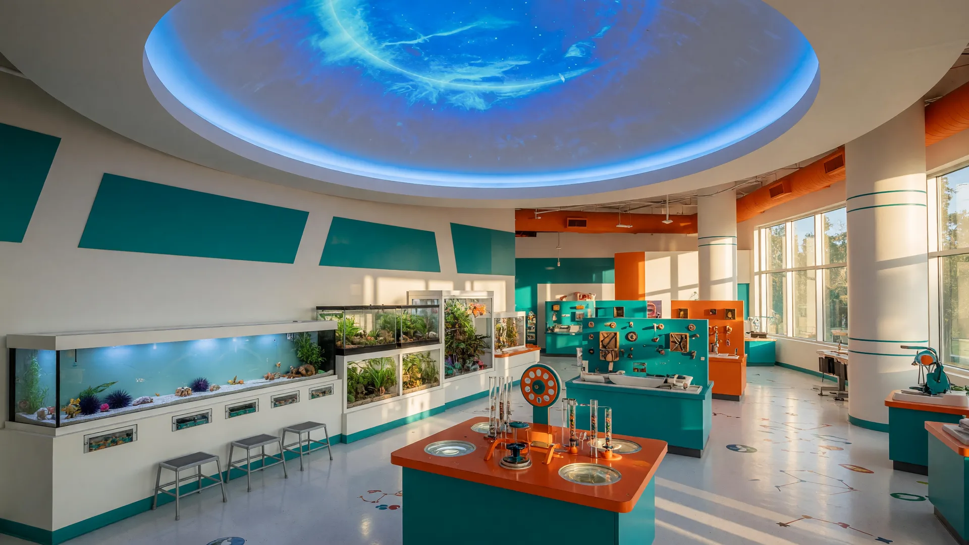 The bright interactive gallery at the IMAG History & Science Center in Fort Myers with a glowing planet projection and hands-on exhibit stations