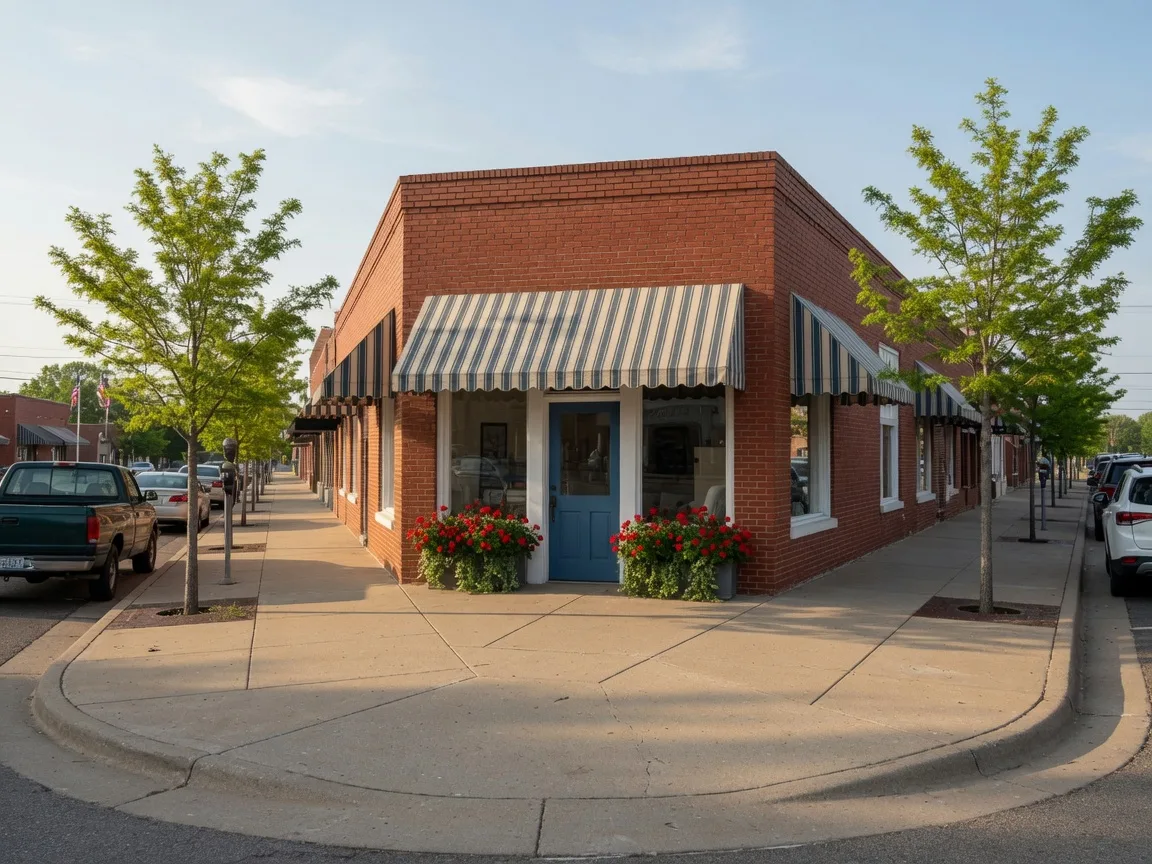 A tidy brick storefront with a denim-blue door on Broken Arrow's historic main street