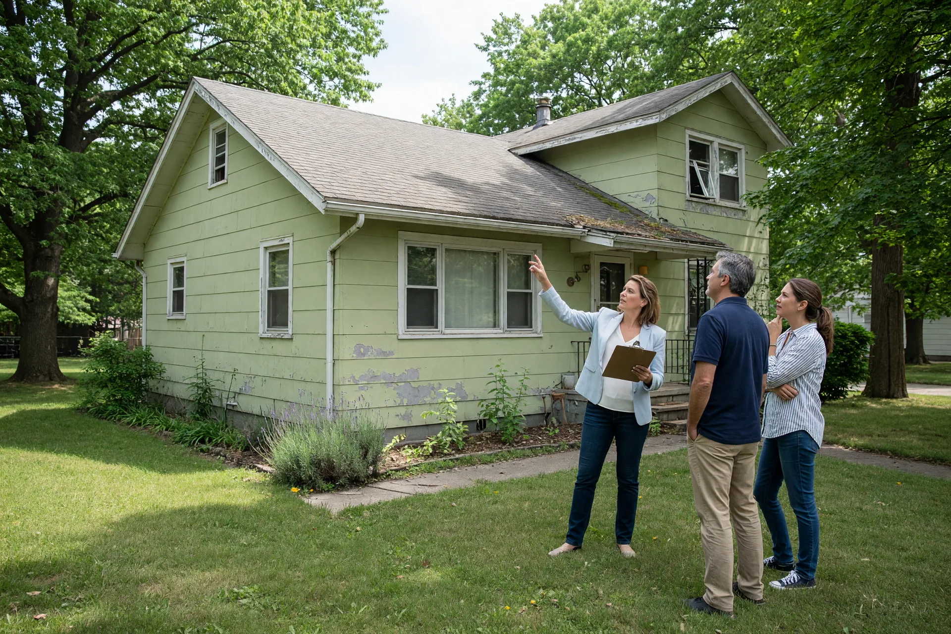 Buyers evaluating a fixer-upper property before making an offer