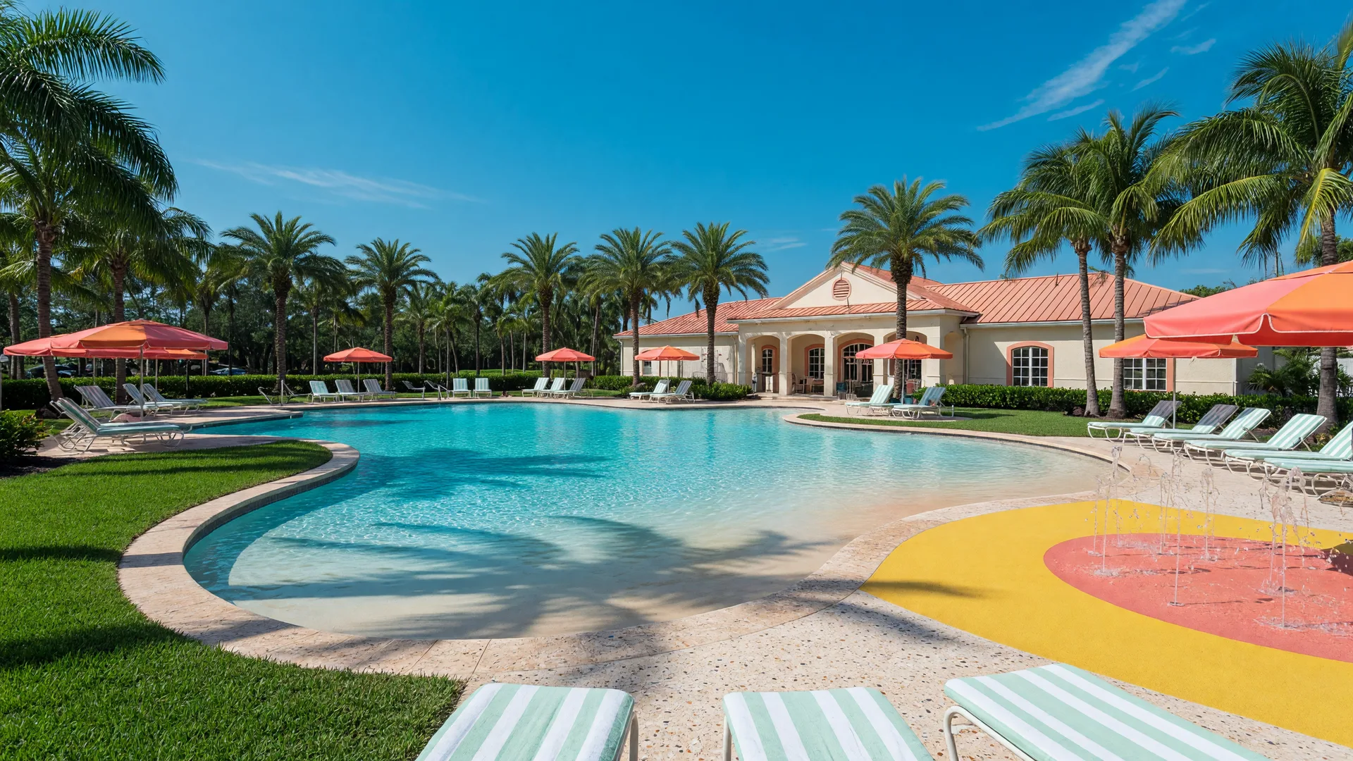 A resort style Florida community pool at noon with palms, cream stucco clubhouse and colorful umbrellas