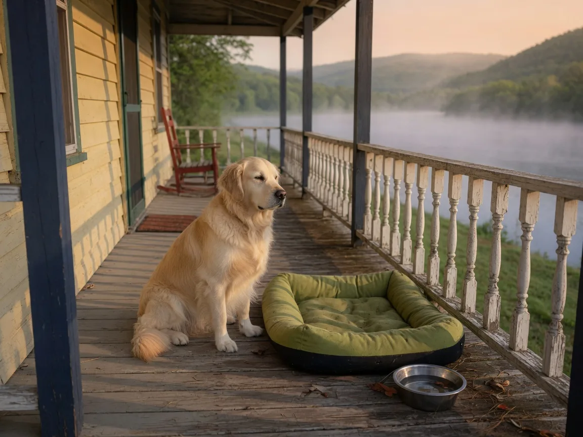 A golden retriever resting calmly on the wooden porch of a riverside cabin in the morning mist