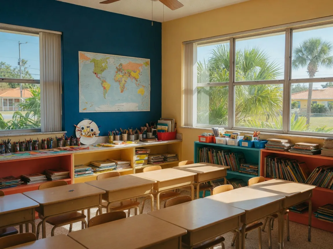 Bright sunlit elementary school classroom in Southwest Florida with wooden desks, bookshelves, a world map, and palm trees visible through the windows