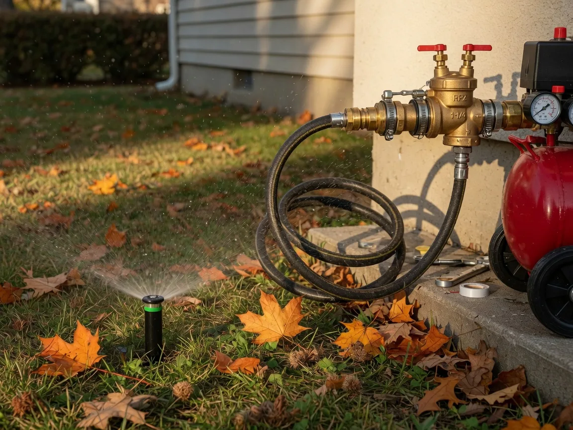 Air compressor hose connected to a sprinkler backflow valve with an irrigation head misting over autumn grass