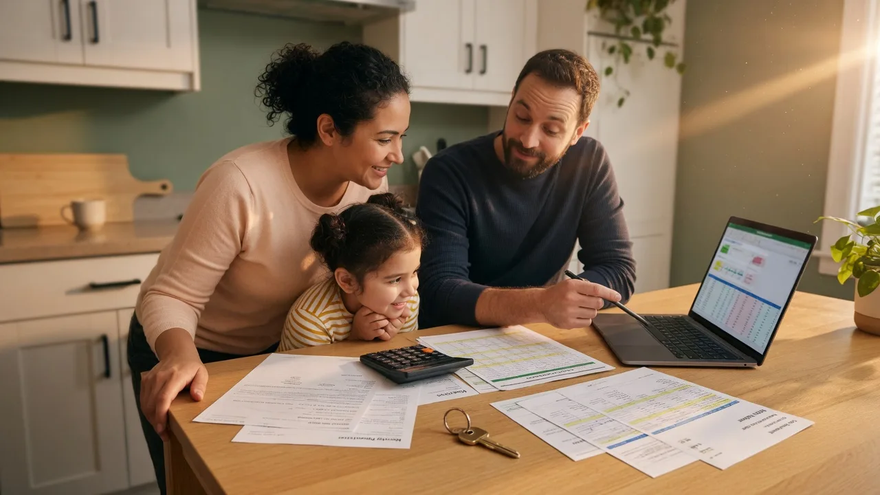 Family reviewing mortgage affordability on a laptop with calculator, financial documents, and a brass house key on a kitchen table