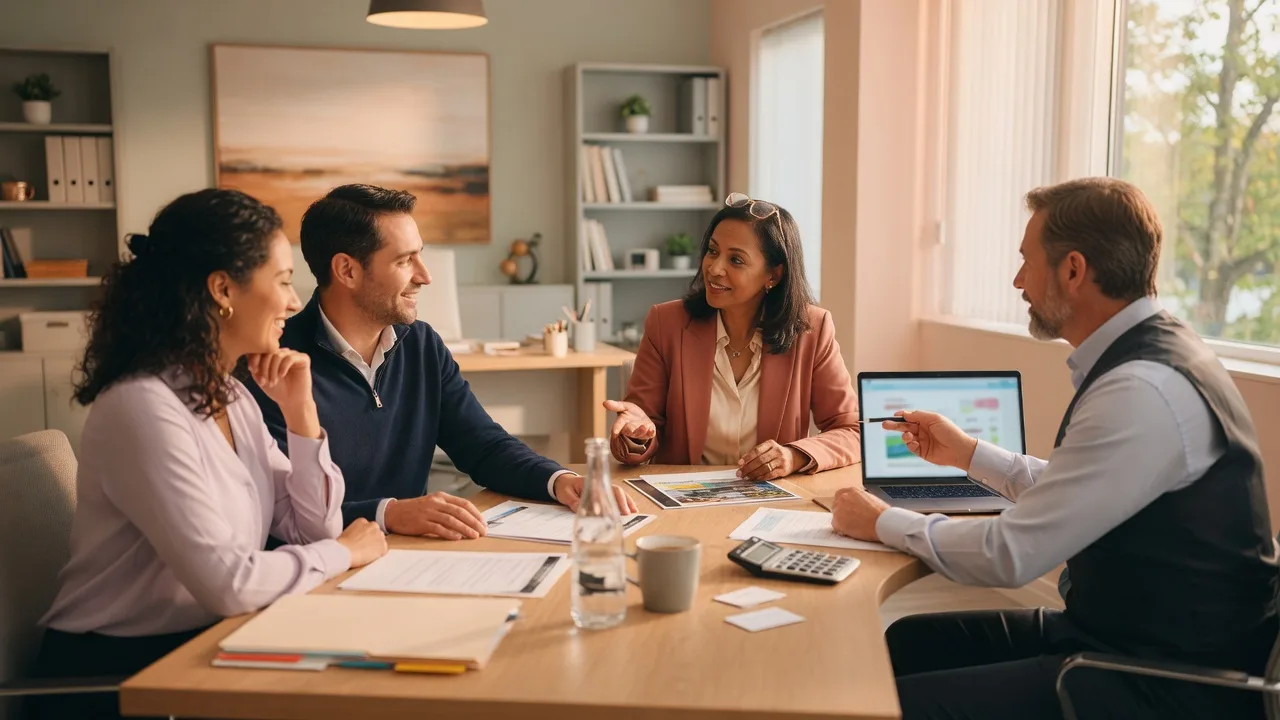 Real estate agent and loan officer meeting with homebuyers at a desk