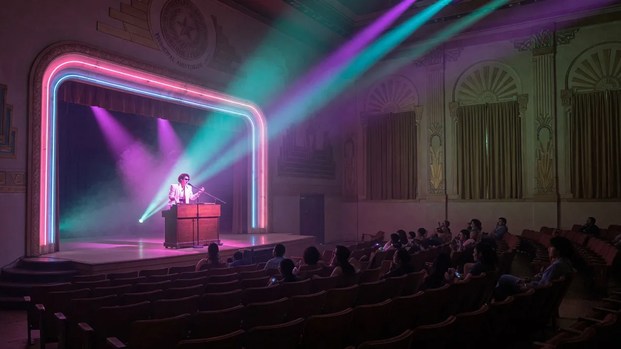 A synthpop concert inside a historic Texas auditorium with a keyboardist on stage bathed in pink, purple, and cyan neon light and a seated silhouetted audience
