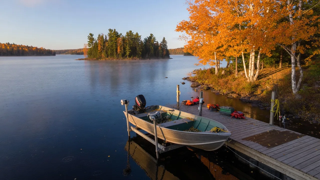 An aluminum fishing boat resting on a steel boat lift beside a wooden dock on a calm northern Minnesota lake, with orange and gold fall shoreline behind it