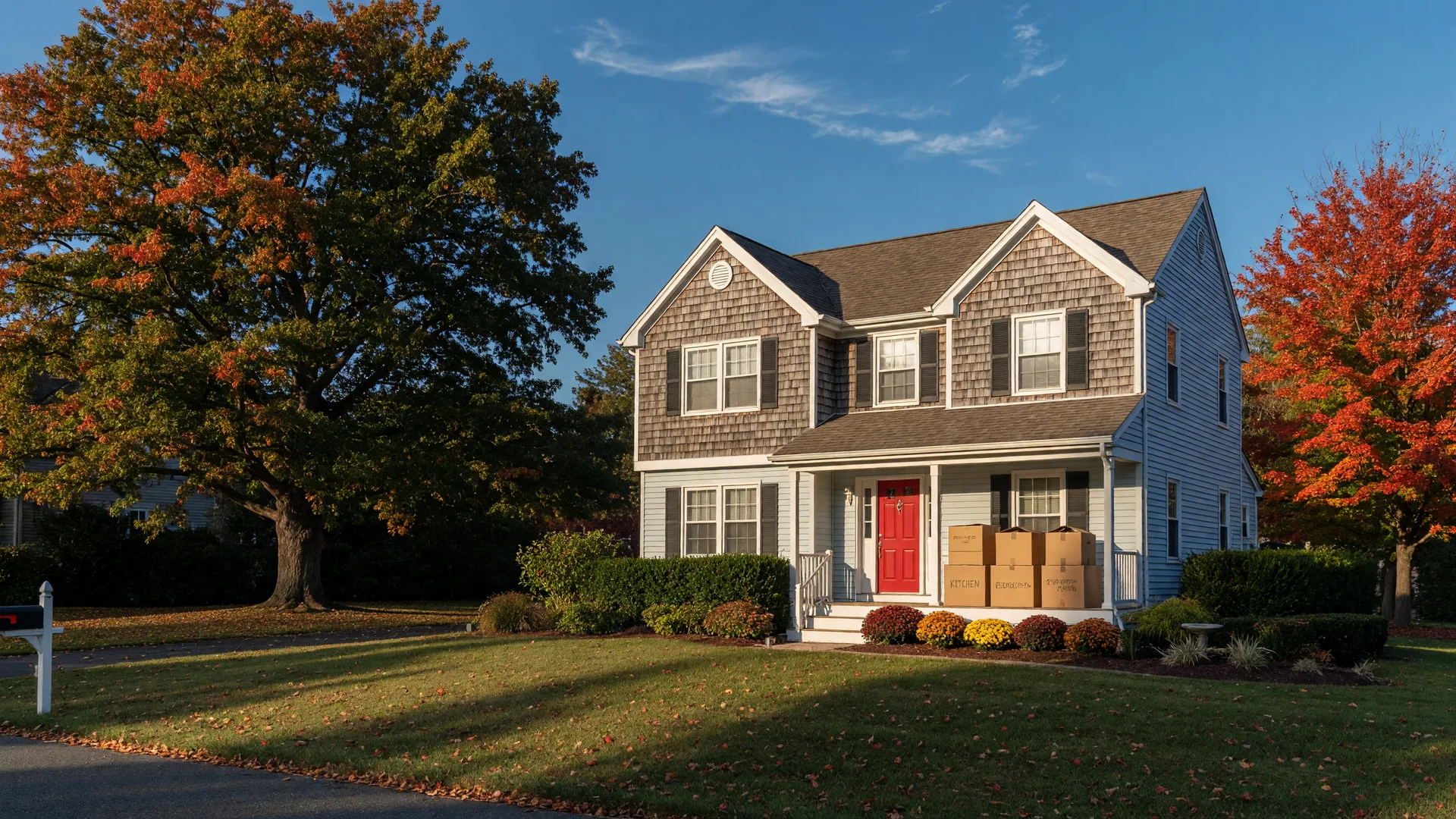 A two-story suburban home in South Jersey on a clear October morning, with a stack of moving boxes on the front porch, representing the transition of selling a home during a divorce
