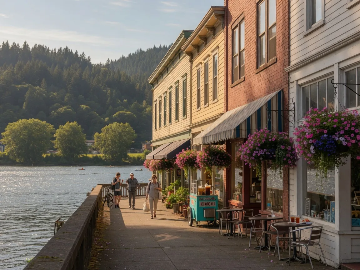 The historic Willamette district's walkable main street in West Linn with storefronts, food carts, and the river beyond on a sunny afternoon