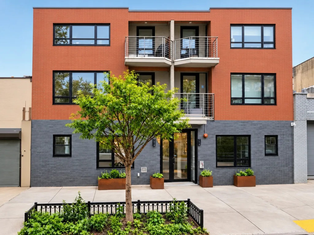 Modern multi-story red brick apartment building with dark window frames and balcony railings in Brooklyn, NY
