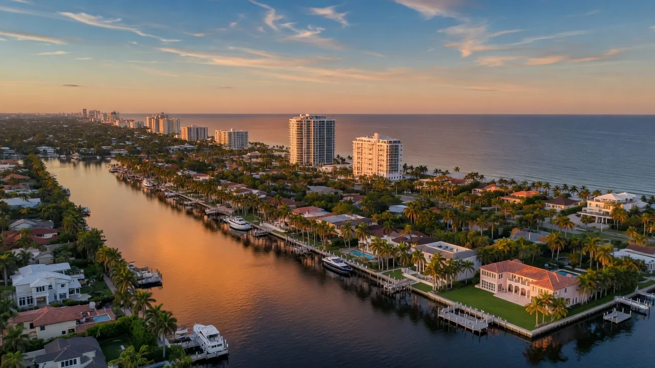 Aerial view of South Florida's coastal skyline at golden hour showing Delray Beach and Boca Raton