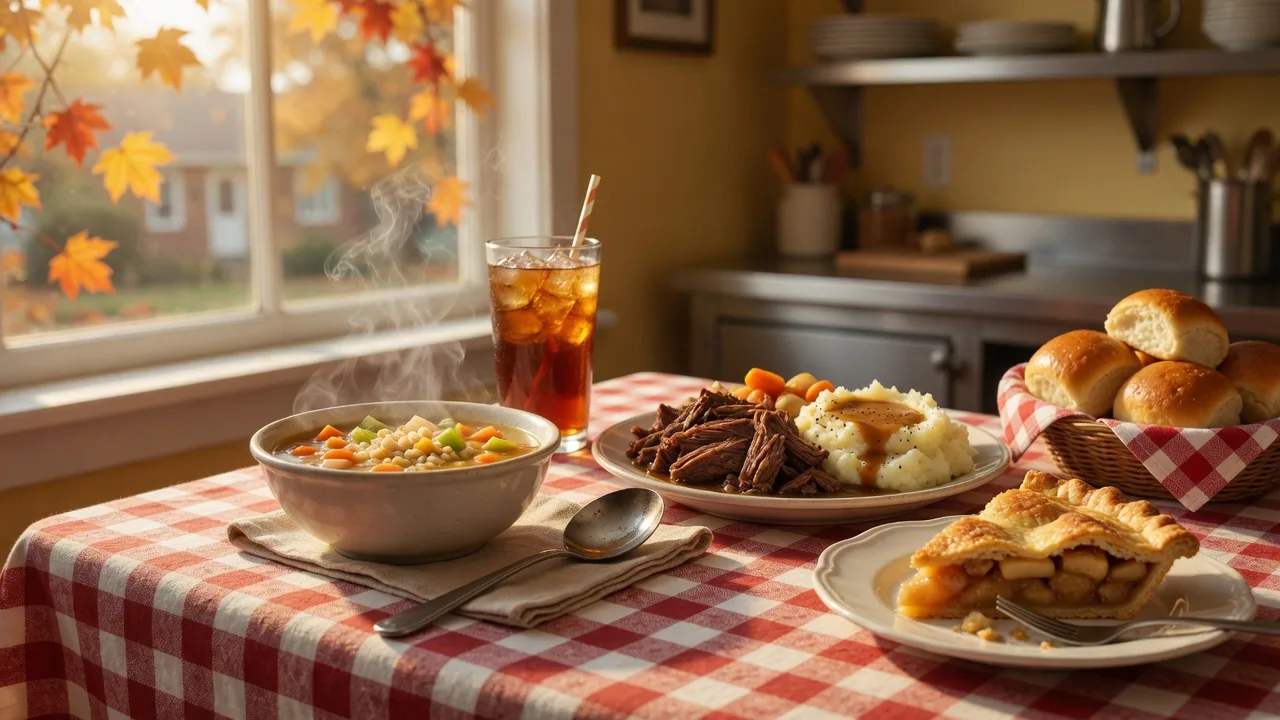 A warm autumn diner table with a steaming bowl of soup, pot roast with mashed potatoes, golden rolls, and apple pie on a checkered tablecloth