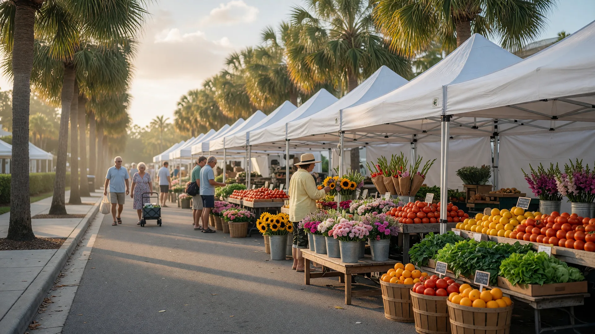 A Saturday morning farmers market on a palm-lined street in Old Naples with white vendor tents, crates of produce, and cut flowers on wooden tables