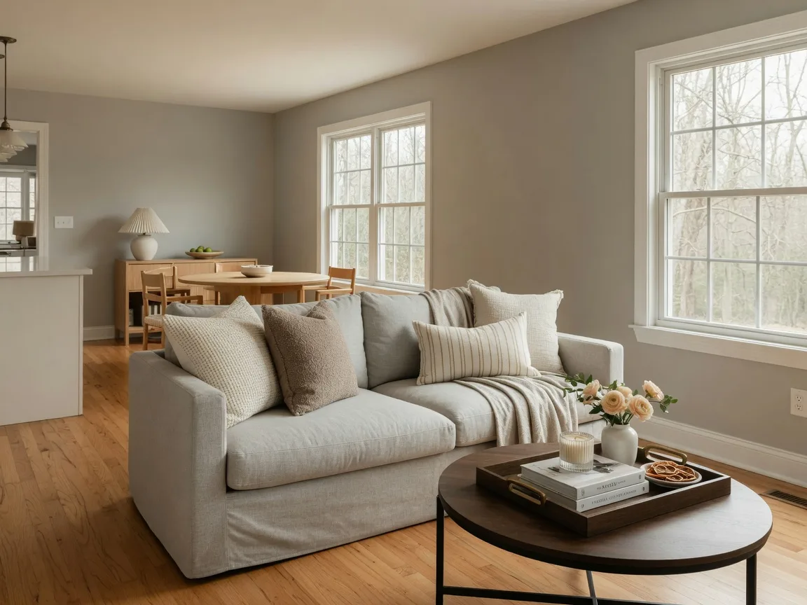 A bright, professionally staged open-concept living room in a Northern Virginia home with soft natural light