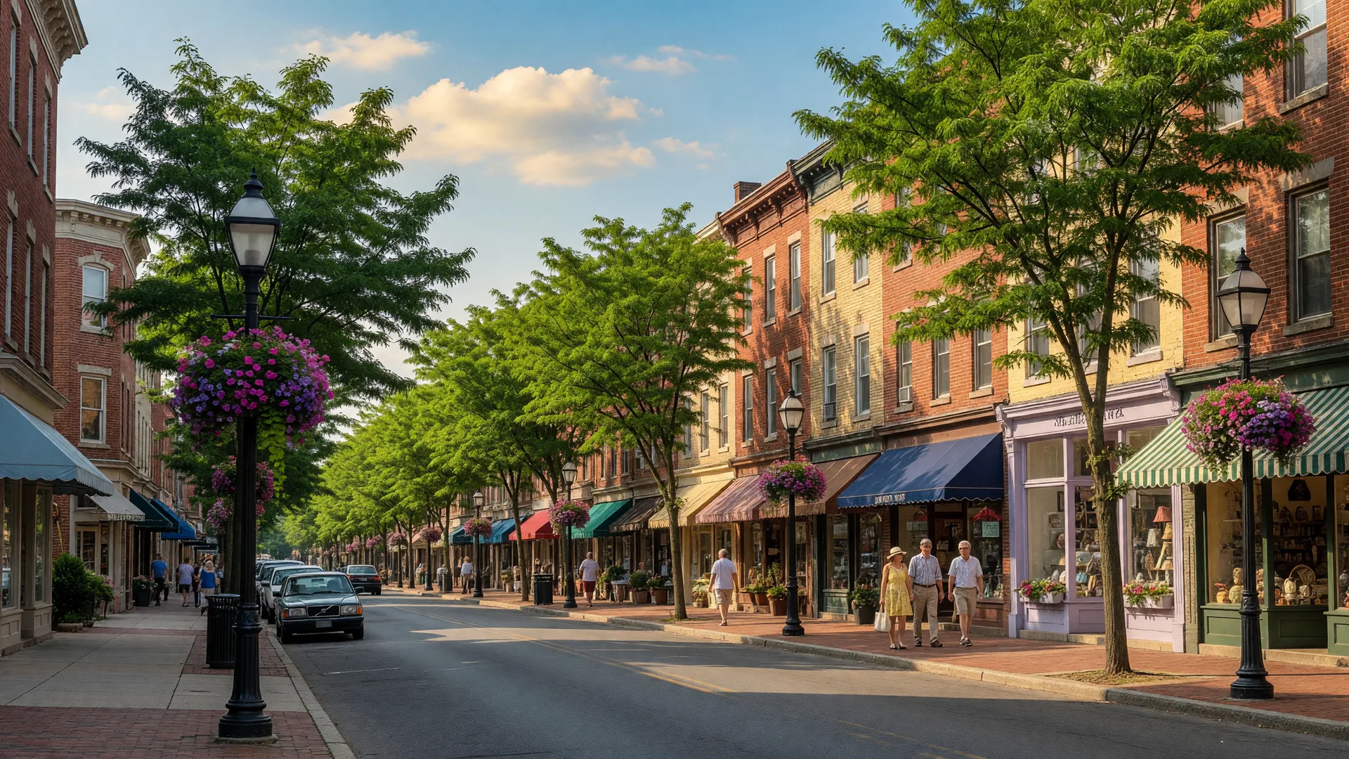 Historic downtown Moorestown New Jersey street with brick storefronts, hanging flower baskets, tree-lined sidewalks, and pedestrians on a sunny summer day