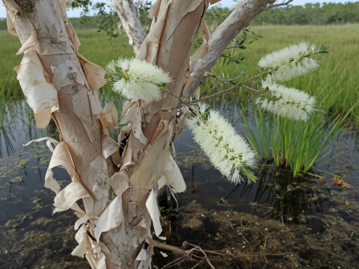 Melaleuca paperbark tree with peeling white bark and white bottlebrush flowers