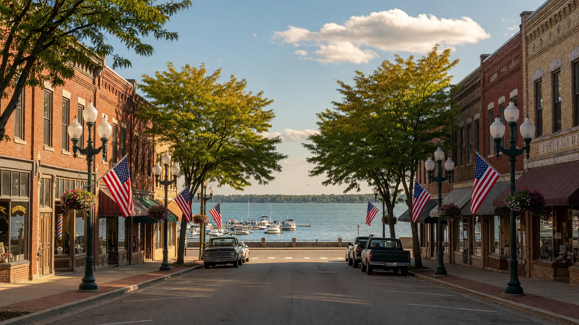 Downtown Oak Harbor, Ohio with historic storefronts and three-globed street lamps