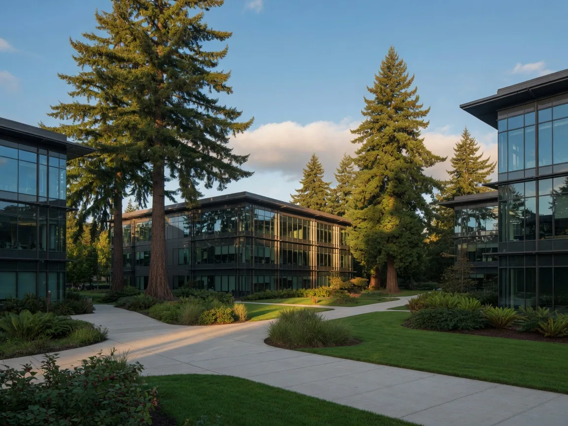 Modern glass and steel office buildings on a landscaped tech campus near Beaverton