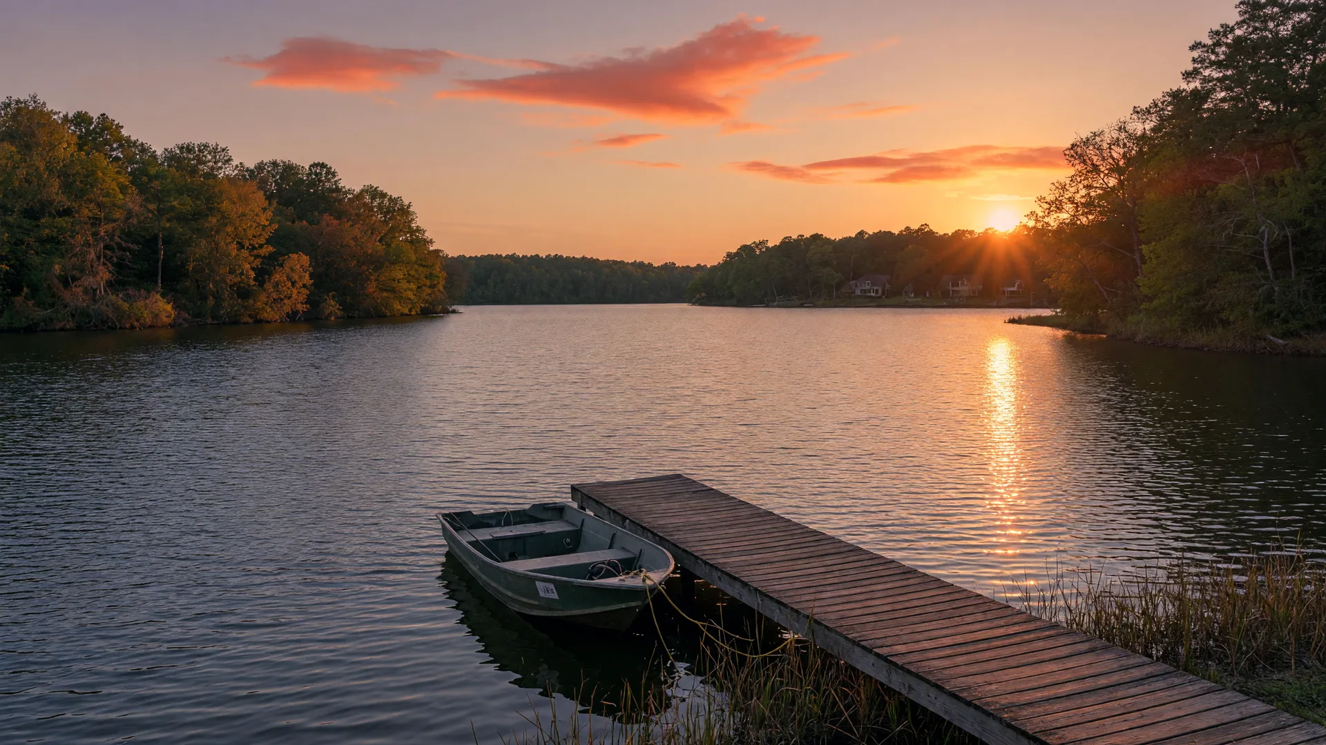 Golden-hour view across Lake Wylie, South Carolina with a dock and moored boat
