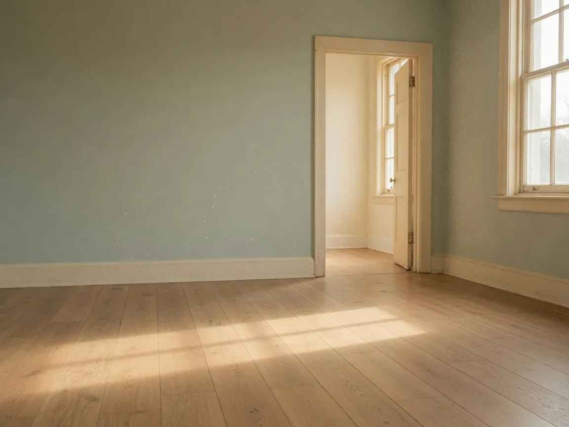 Soft morning light falling through a tall window across a warm wooden floor, an open doorway leading to a brighter room