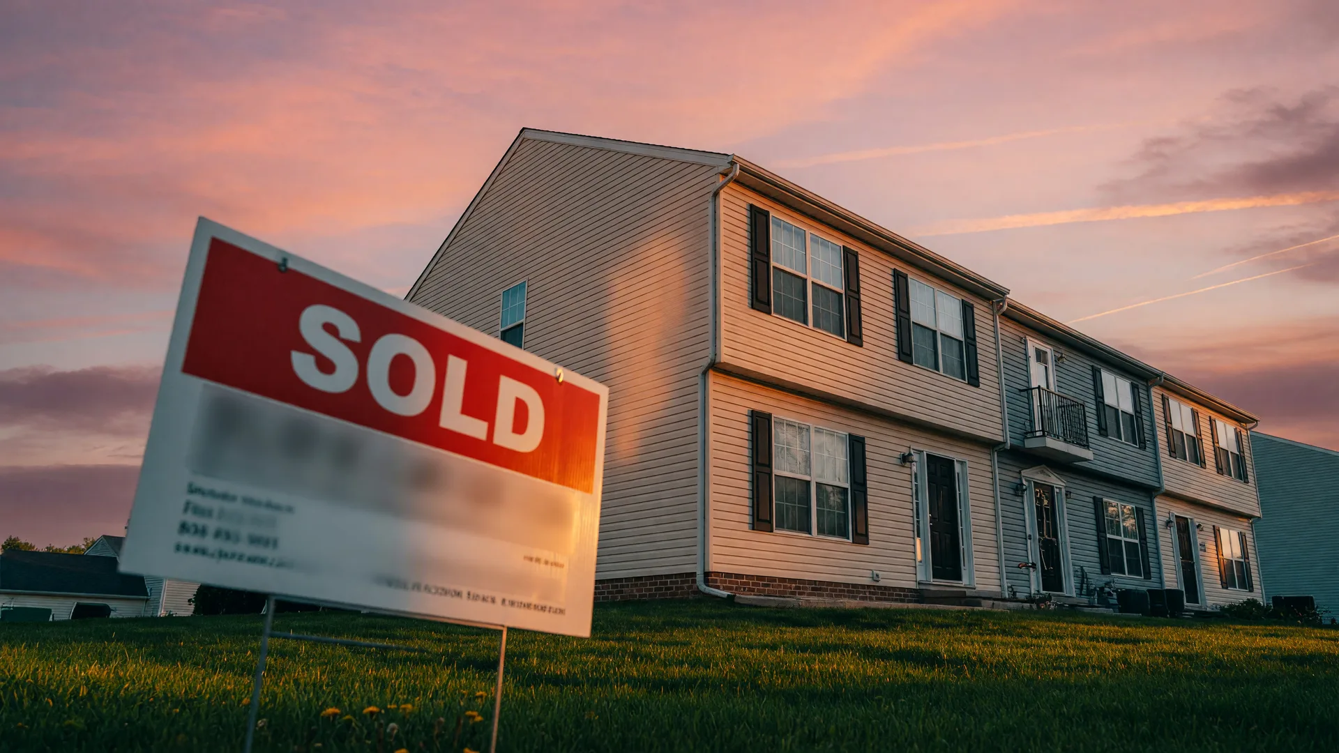 SOLD sign in front of the townhouse at golden hour