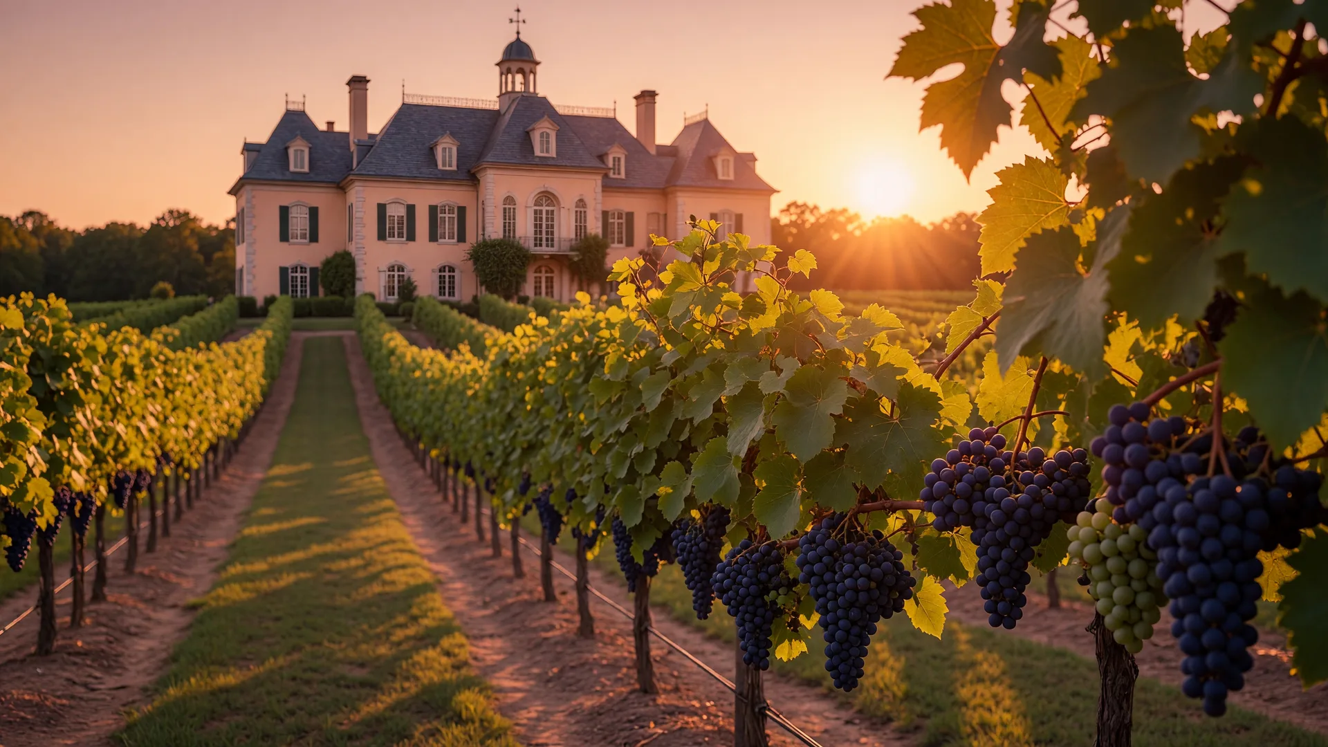 Vineyard rows at golden hour with grape clusters ripening in late summer sun at Chateau Elan Winery in Braselton Georgia