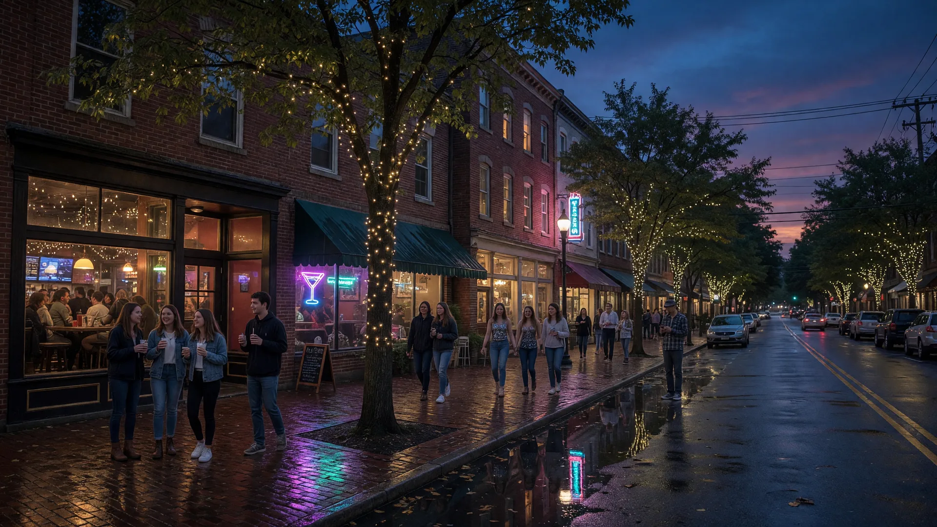 Nightlife scene on Franklin Street in Chapel Hill at night