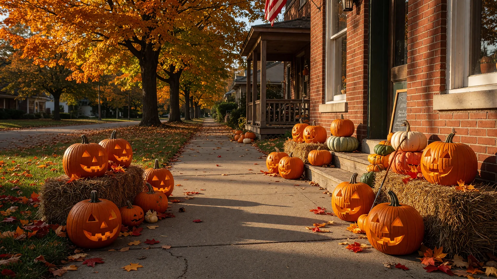 A small-town Ohio street one week before Halloween with carved jack-o'-lanterns and hay bales outside a brick storefront, maple and oak trees in deep orange and gold
