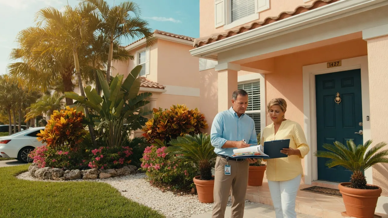 A homeowner and insurance agent reviewing a policy document in front of a Florida villa on a sunny day with palm trees and tropical landscaping.