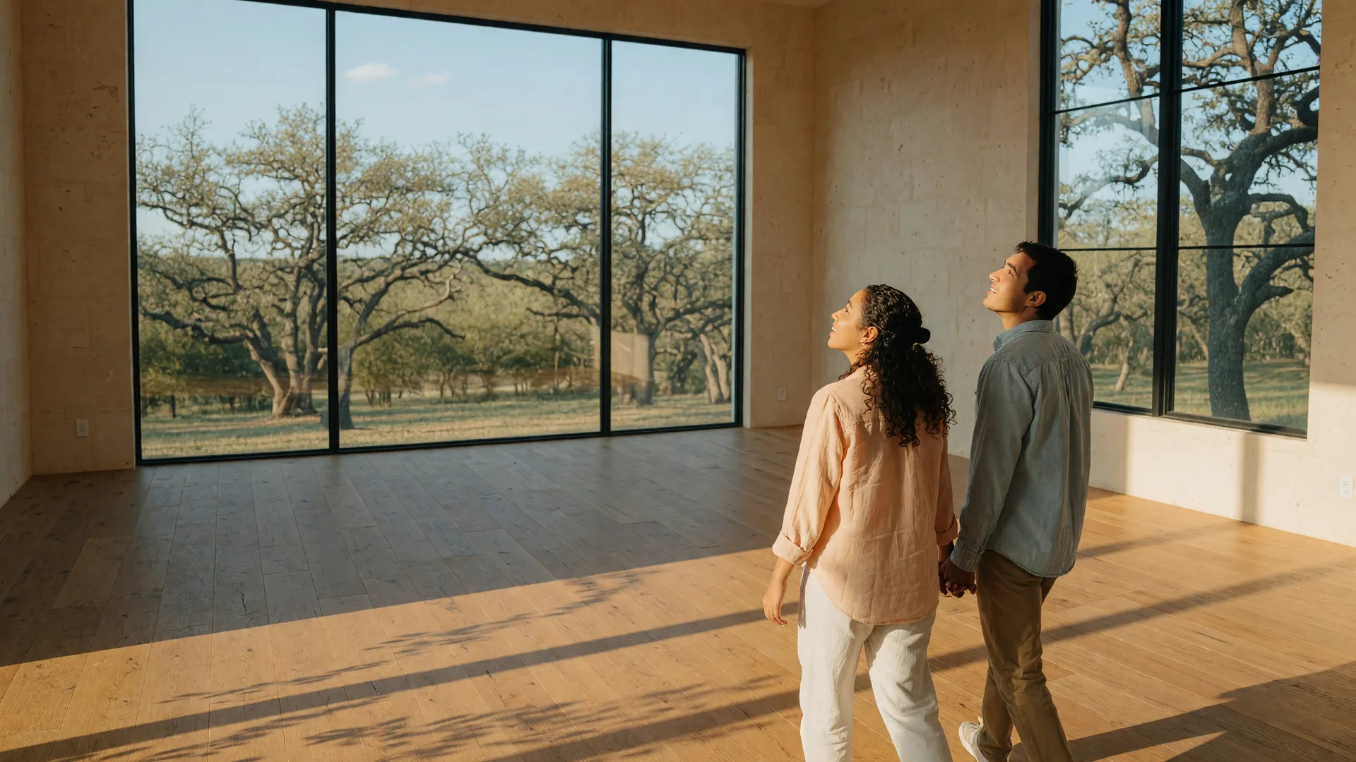 A couple walking through an empty Texas Hill Country home with sunlight streaming through windows