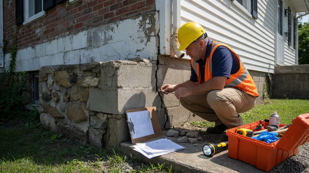 Home inspector examining the foundation of a South Jersey colonial home with clipboard and tools
