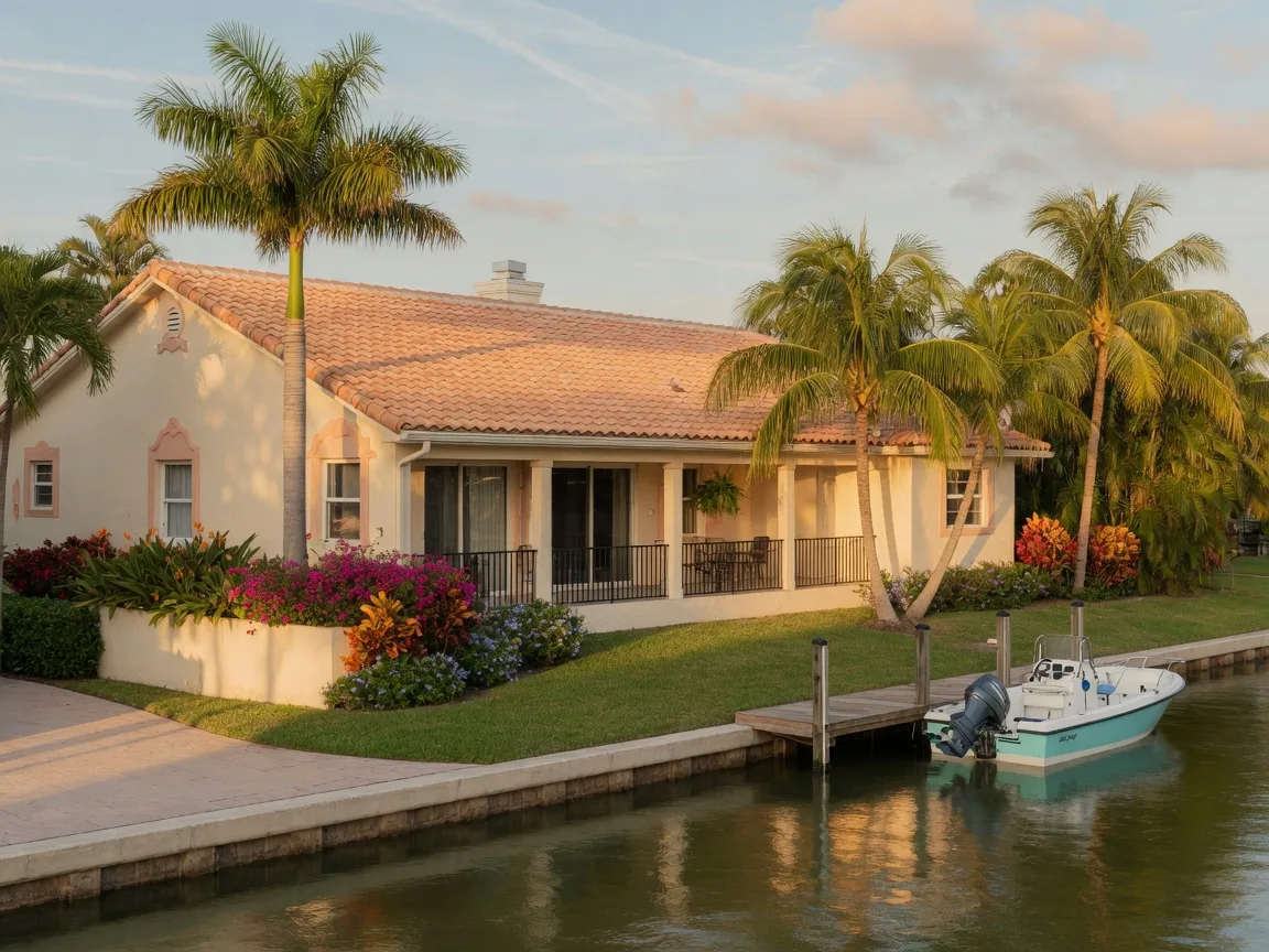 Canal-front home in Broward County with cream stucco walls, a barrel-tile roof, a private dock with a small boat, and tropical landscaping