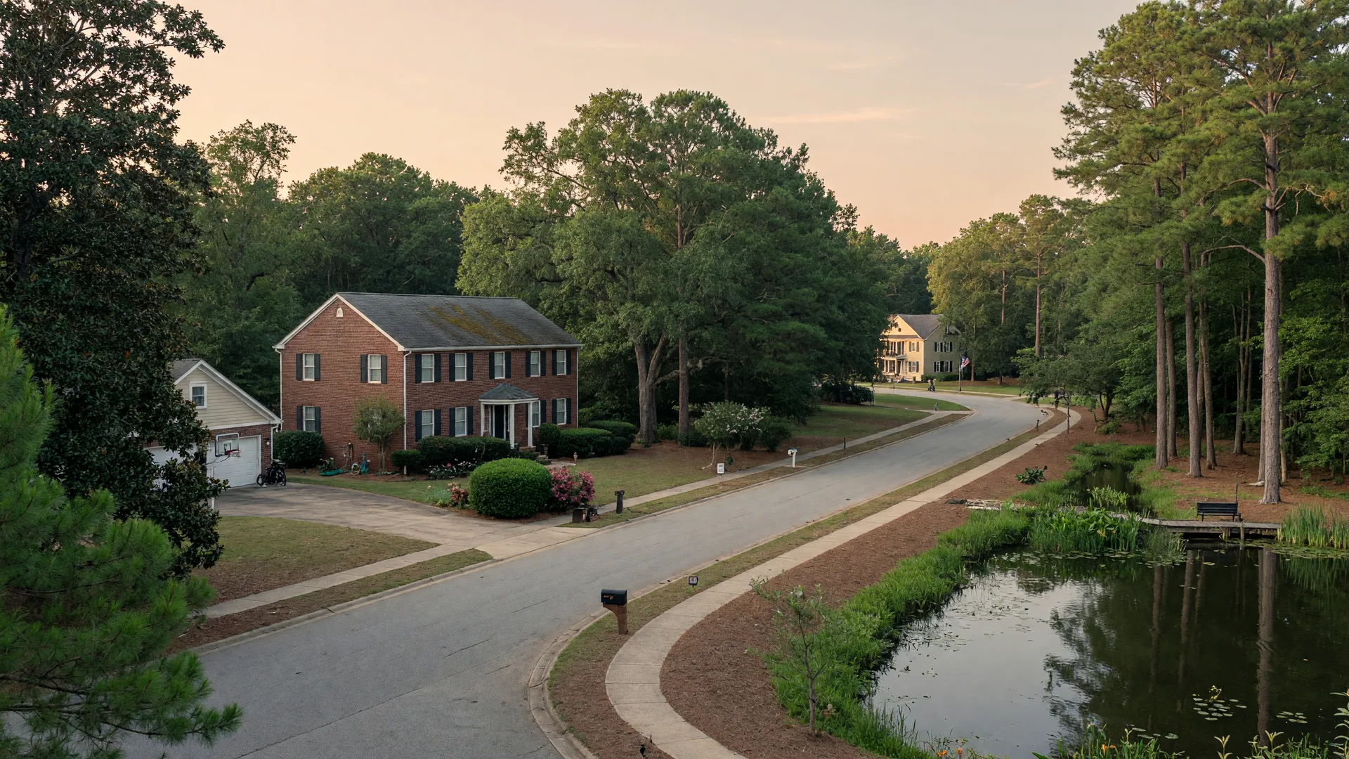 An established home on a tree-lined street with mature landscaping in a settled Fort Mill neighborhood