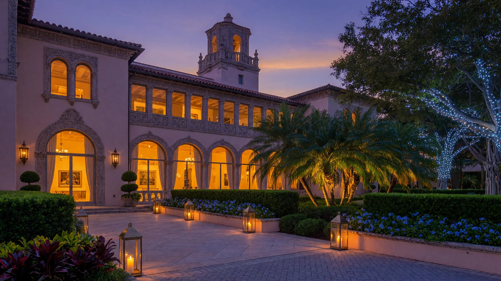 Historic museum building in Boca Raton aglow at dusk before the Mystery at the Museum evening event, Friday, October 16, 2026