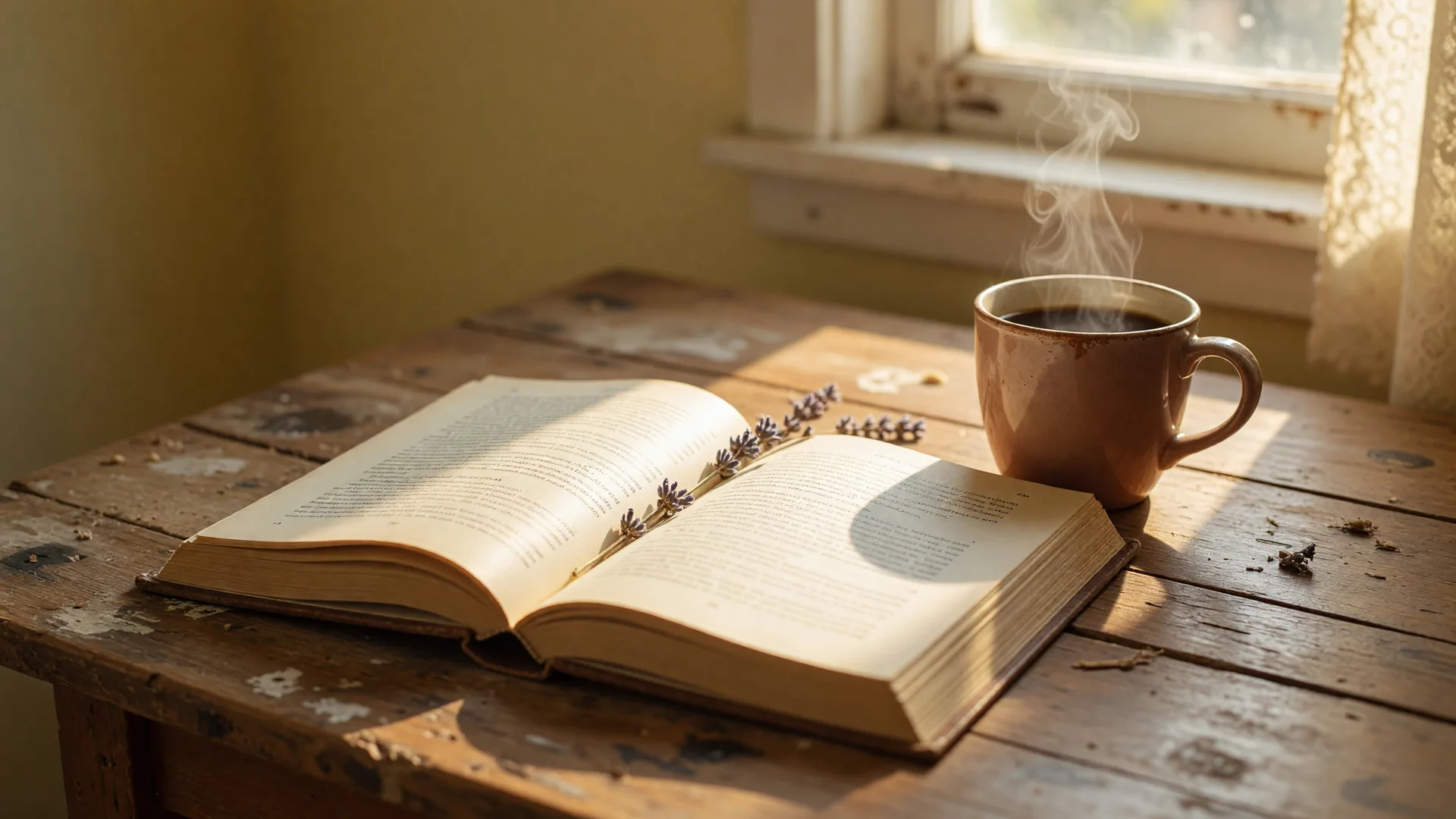 An open book on a wooden table beside a steaming coffee mug, bathed in warm sunlight