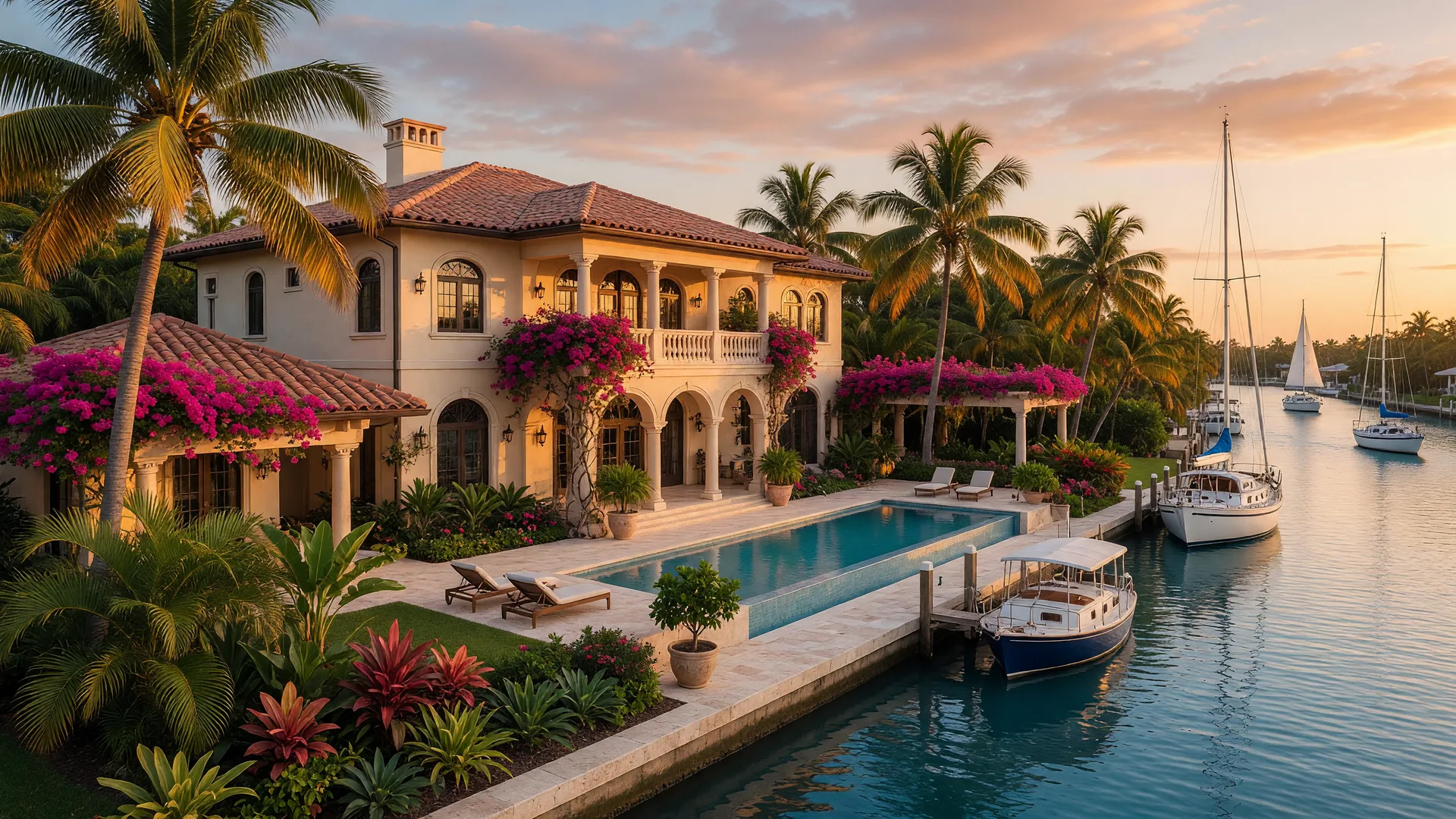 Luxury waterfront estate in Naples, Florida at golden hour