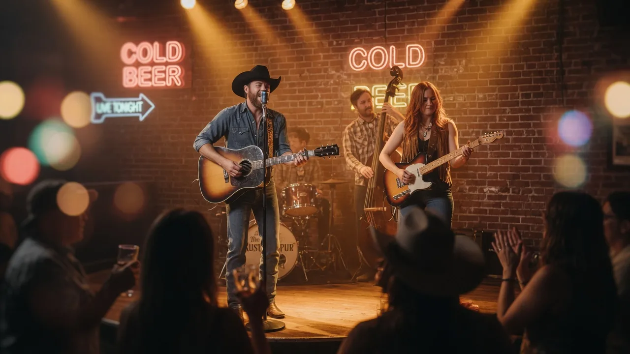 A live country band performing on stage at an intimate pub venue with amber stage lighting, a brick wall backdrop, and neon bar signs glowing in the background