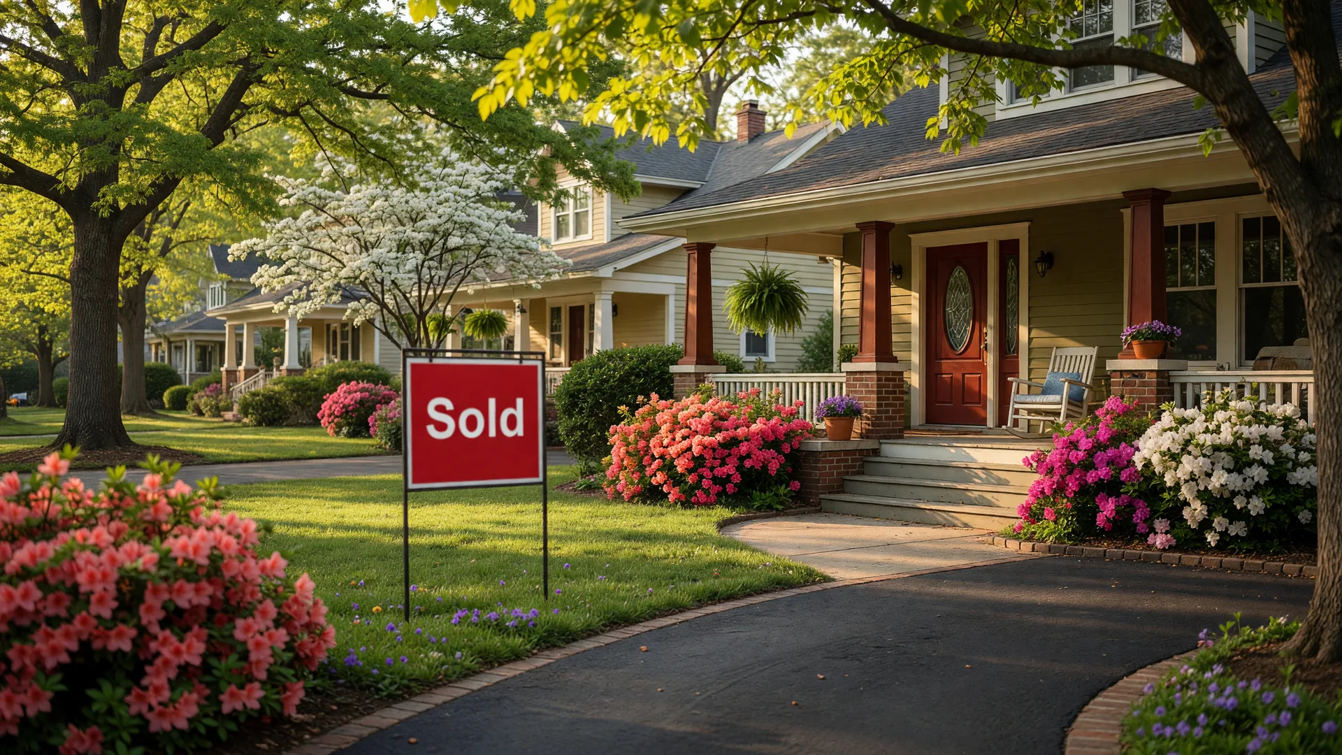 Charming Craftsman-style home in a tree-lined NW Metro Atlanta neighborhood with a Team Haigh Realty Sold sign in the front yard