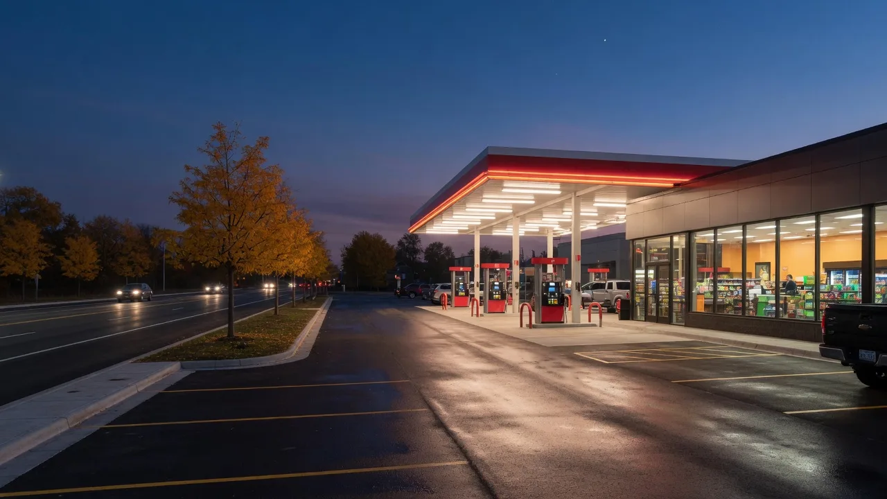 A modern convenience store and gas station glowing at dusk on a highway corridor in Baxter, Minnesota