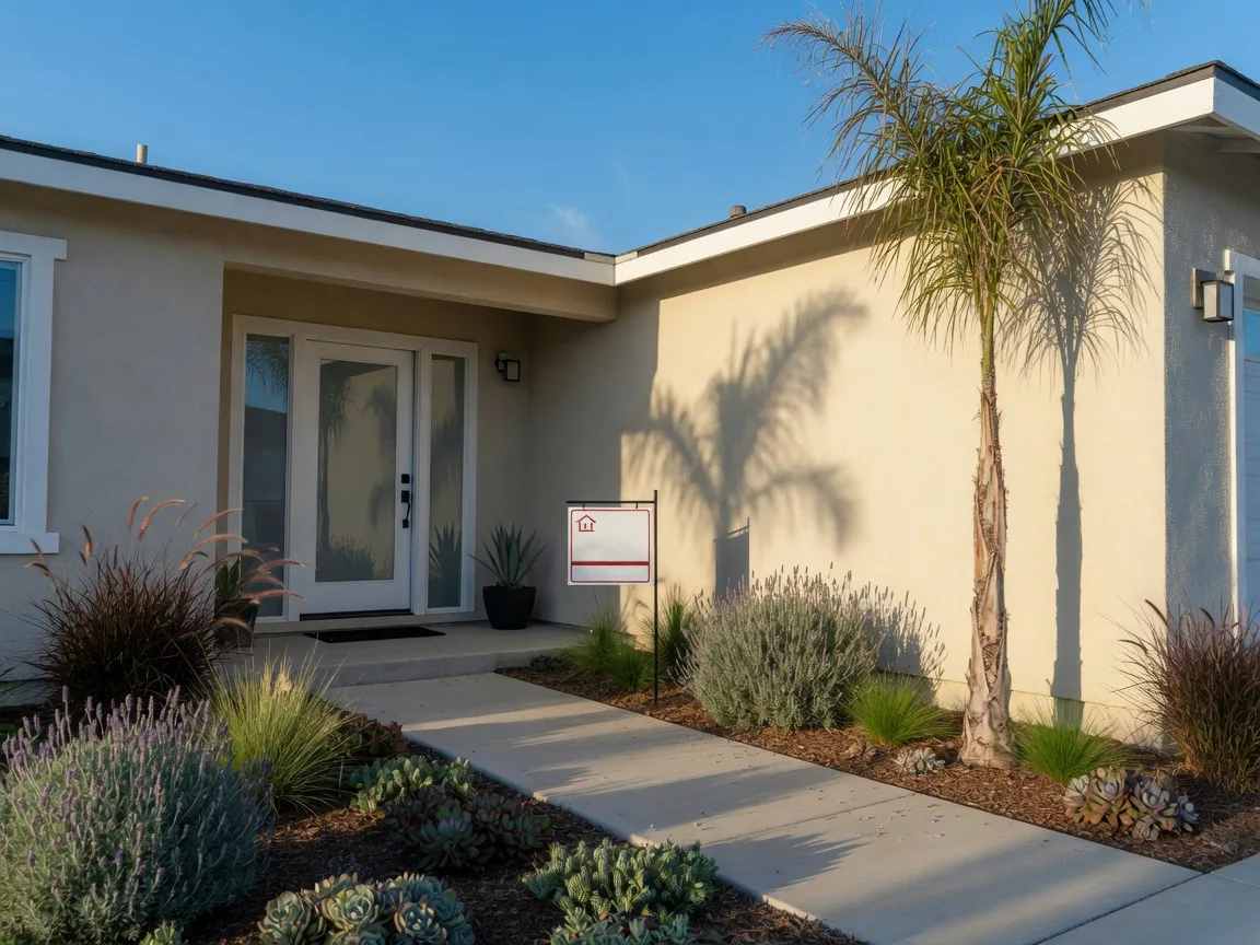 Freshly prepared Central Valley home ready to list for sale on a bright morning, with a For Sale sign in the flowerbed, a glass front door, drought-tolerant landscaping, and a single palm tree against a clear blue sky
