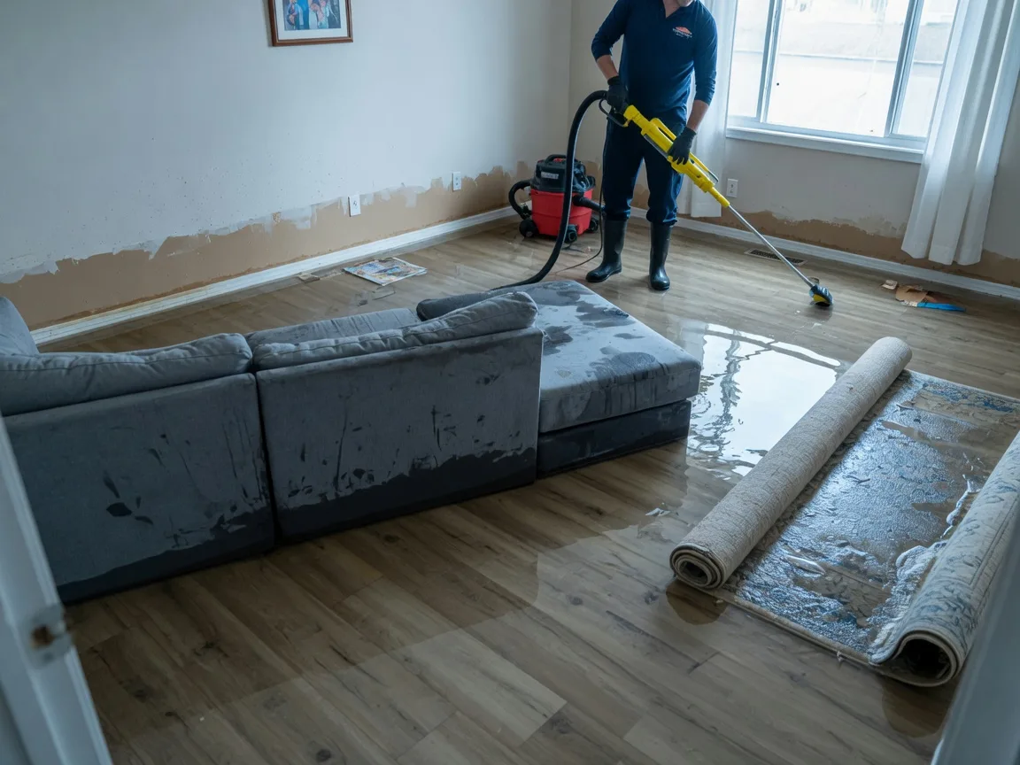 Restoration technician extracting standing water from a flooded living room after a burst pipe