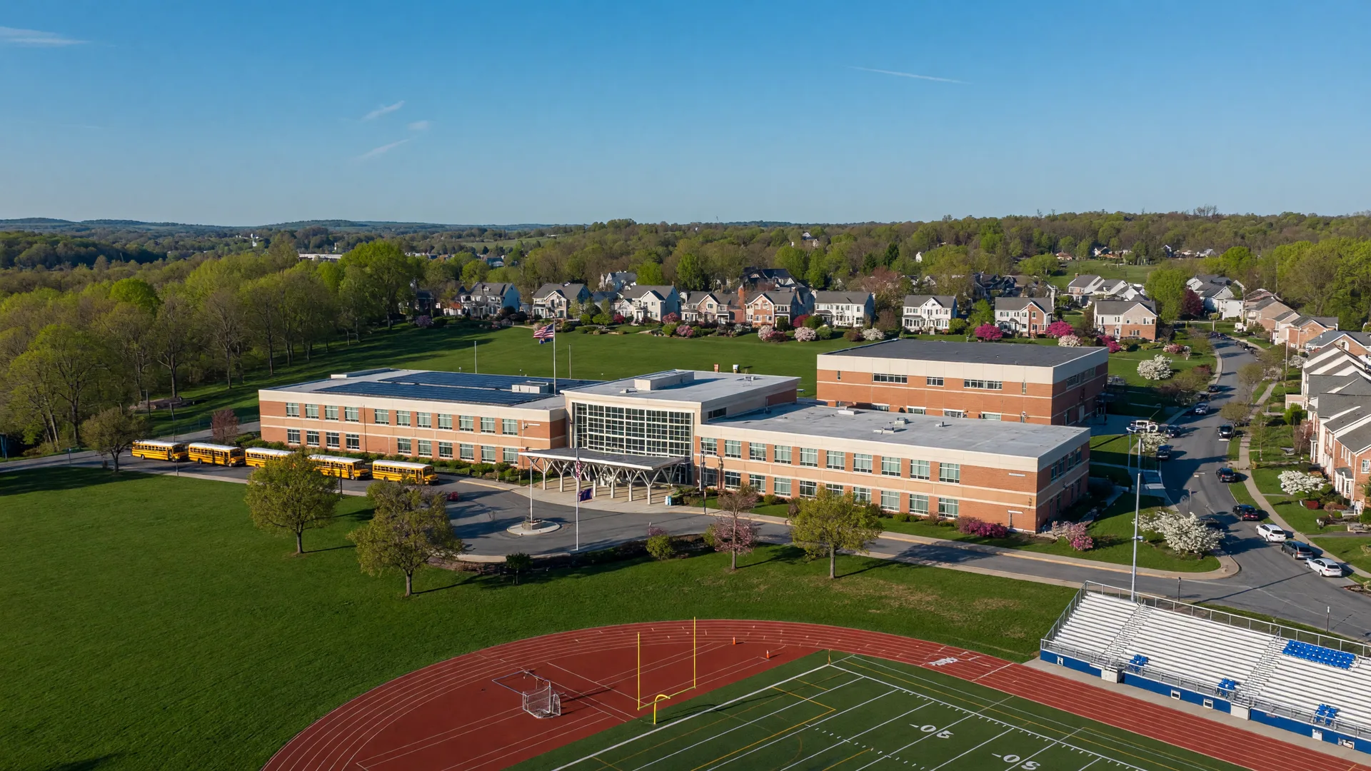 Great Valley High School campus in Malvern PA on a spring morning