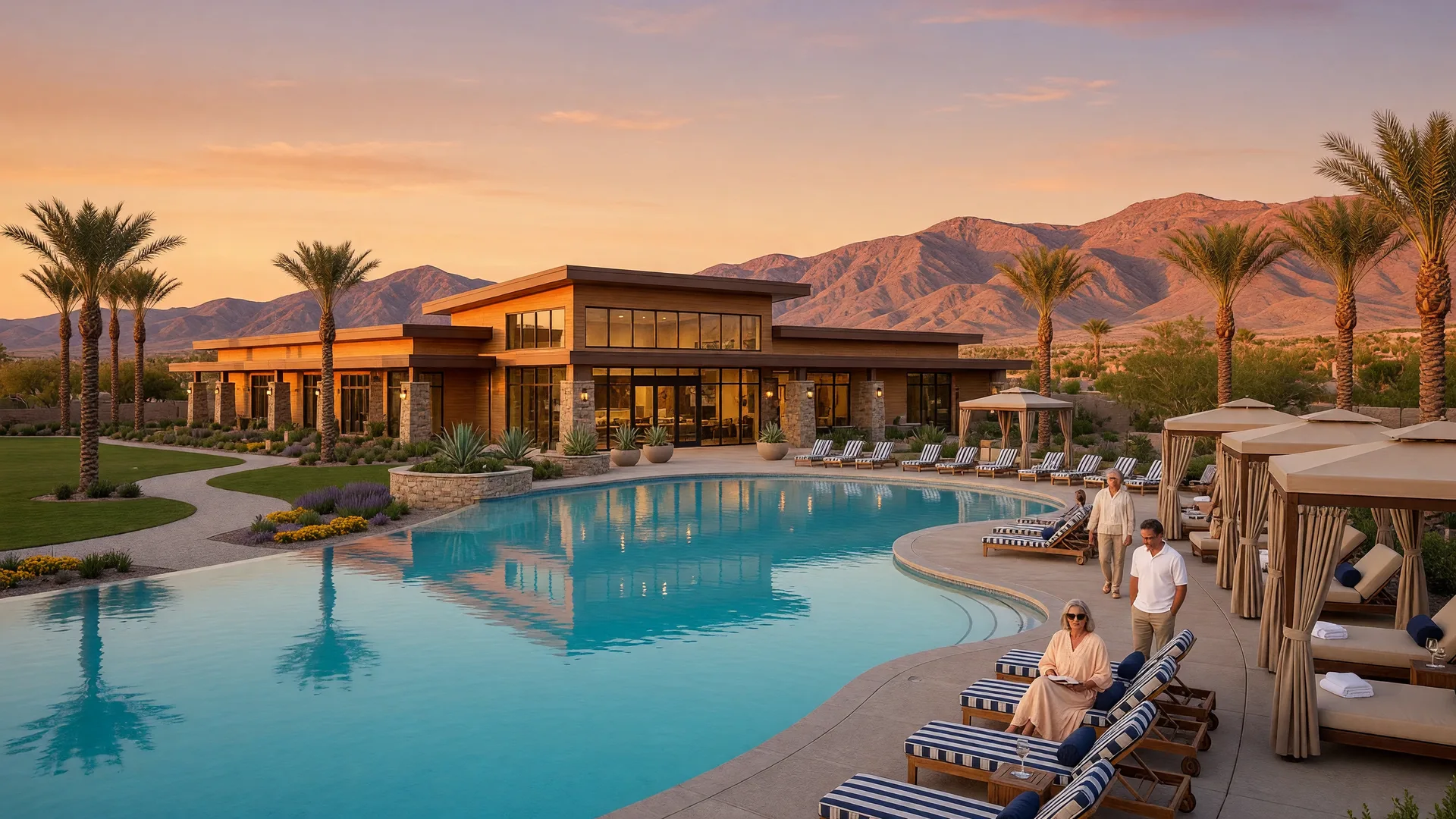 An upscale active-adult resort community recreation center in Henderson with a resort pool and cabanas set against desert foothills