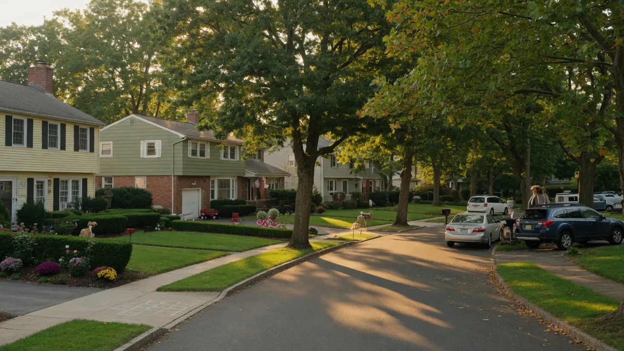 Quiet residential street in Cherry Hill with colonial homes and mature shade trees