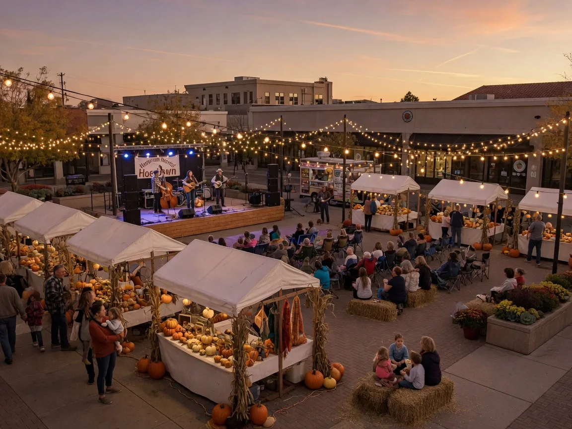 Autumn festival plaza with string lights, vendor booths and a distant stage in downtown Henderson