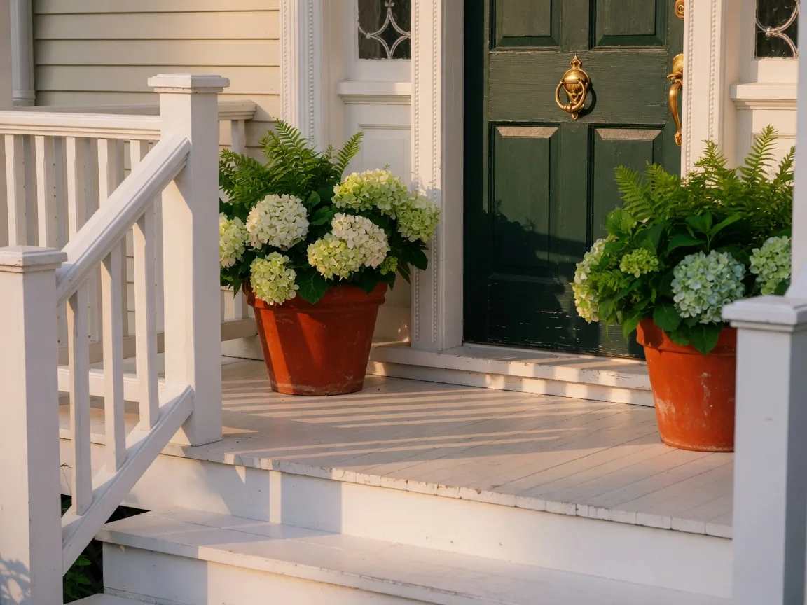 A front porch with white railings, hydrangeas in terracotta pots, and a wooden door with a brass knocker
