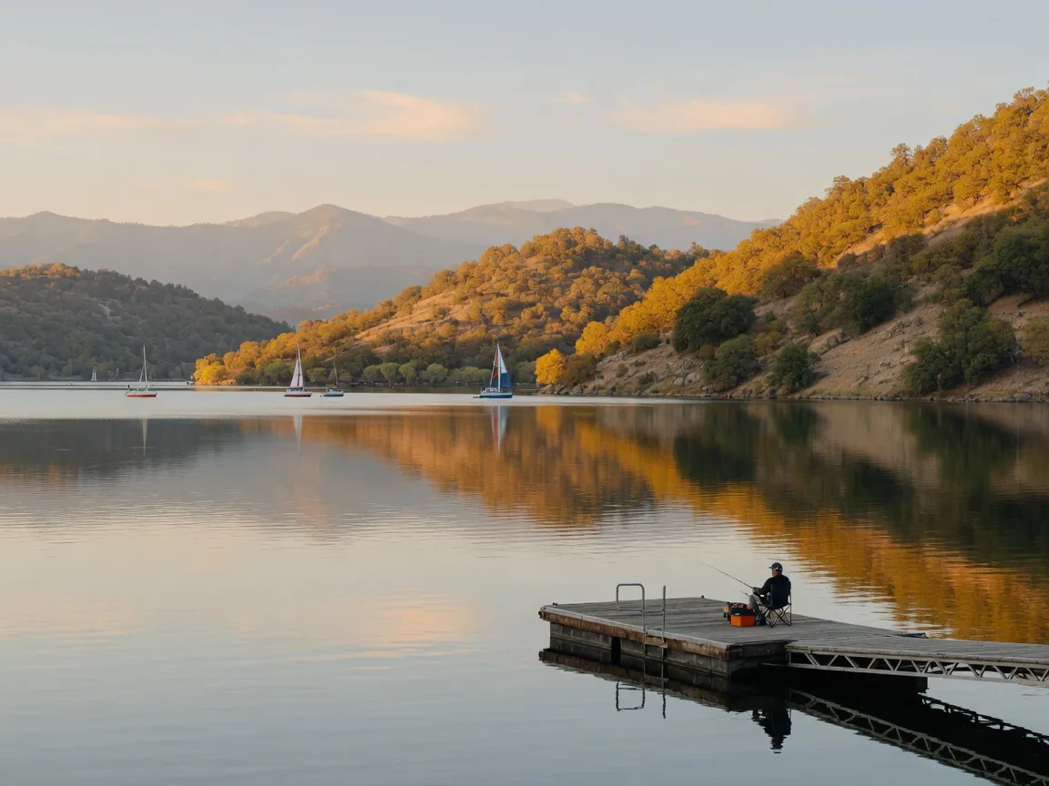Lake Yosemite on a calm October morning, still water reflecting golden oak-covered hillsides with a fishing dock and the Sierra Nevada foothills on the horizon