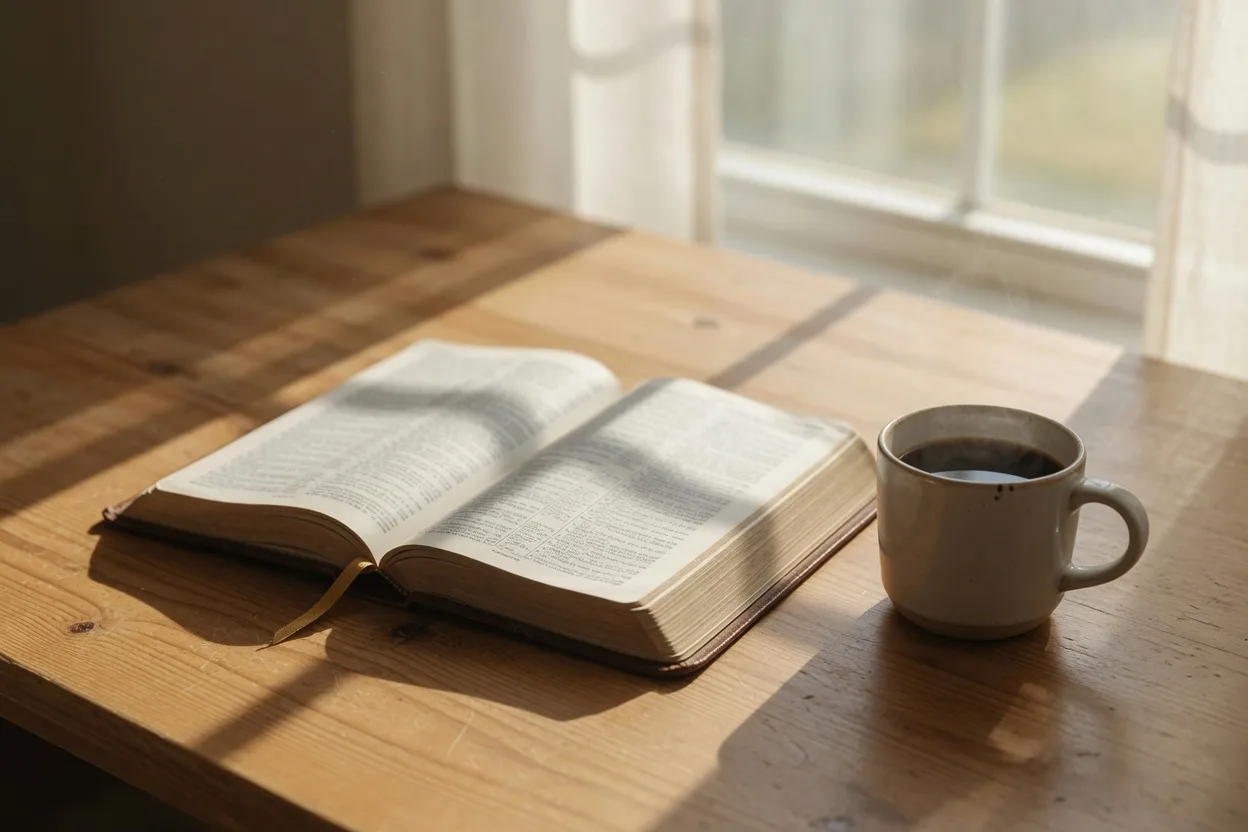 An open Bible resting on a wooden table in soft morning light beside a warm cup of coffee